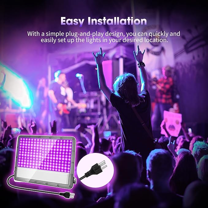 300W LED Black Light: 110V Plug-in UV Flood Light for Neon Glow Party, Halloween, Christmas Decor and Art Displays, IP65 Waterproof Blacklight for Outdoor or Indoor Use, 2 Pack