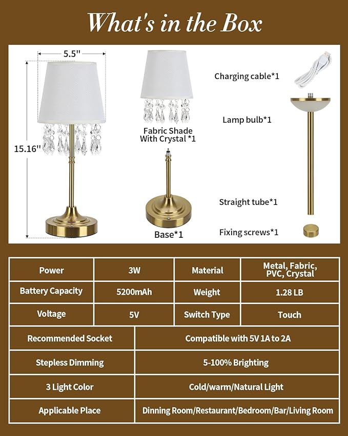 Cordless Table Lamp with Dangling Crystals, 3 Color Temperature Dimmable Rechargeable Lamp, 5200mAh Battery Operated Ambient Light for Bedroom,Living Room,Restaurant,Bar,Home Decor Lights