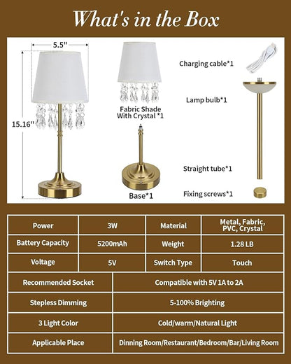 Cordless Table Lamp with Dangling Crystals, 3 Color Temperature Dimmable Rechargeable Lamp, 5200mAh Battery Operated Ambient Light for Bedroom,Living Room,Restaurant,Bar,Home Decor Lights