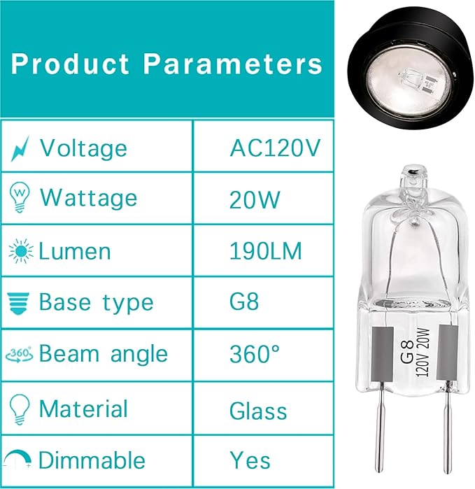 G8 Halogen Light Bulbs 20W 120V Under Cabinet Lighting Replacements 2Pin 2700K Warm White (Pack of 10)