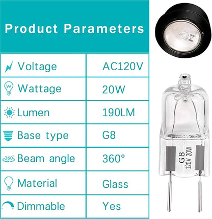 G8 Halogen Light Bulbs 20W 120V Under Cabinet Lighting Replacements 2Pin 2700K Warm White (Pack of 10)