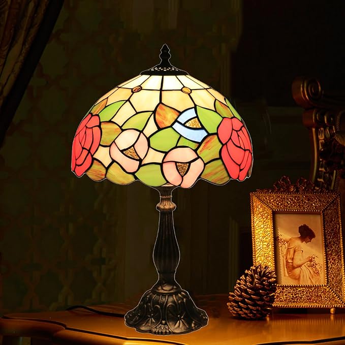 Tiffany Style Table Lamp, Stained Glass Bedside Lamp, Handmade Antique Desk Lamp, Red Rose Pattern, for Living Room Bedroom Home Office, Height 19 Inch, Width 12 Inch, Include LED Bulb
