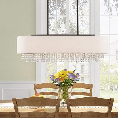 Livex Lighting 51125-92 Carlisle - 41" Five Light Linear Chandelier, English Bronze Finish with Oatmeal Fabric Shade with Clear Crystal