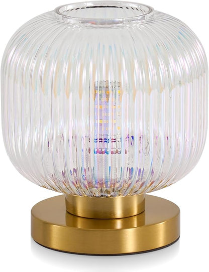 Dimmable Small Glass Table Lamp: Mid Century Modern Nightstand Light With Stained Shade - Small Decorative Brass Desk Lamp - Ribbed Glass Bedside Tables Lamps for Bedroom Living Room Bulb Excluded