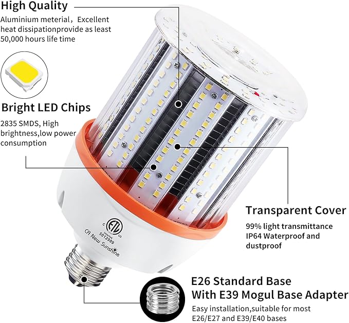 800W Equivalent Led Corn light bulbs , 12000 Lumen LED Corn Bulb 80W 5000K Daylight White Lamp,E26/E39 Medium Mogul Base,2-Pack Large Area Lights For Outdoor Indoor Warehouse Garage High Bay Lighting