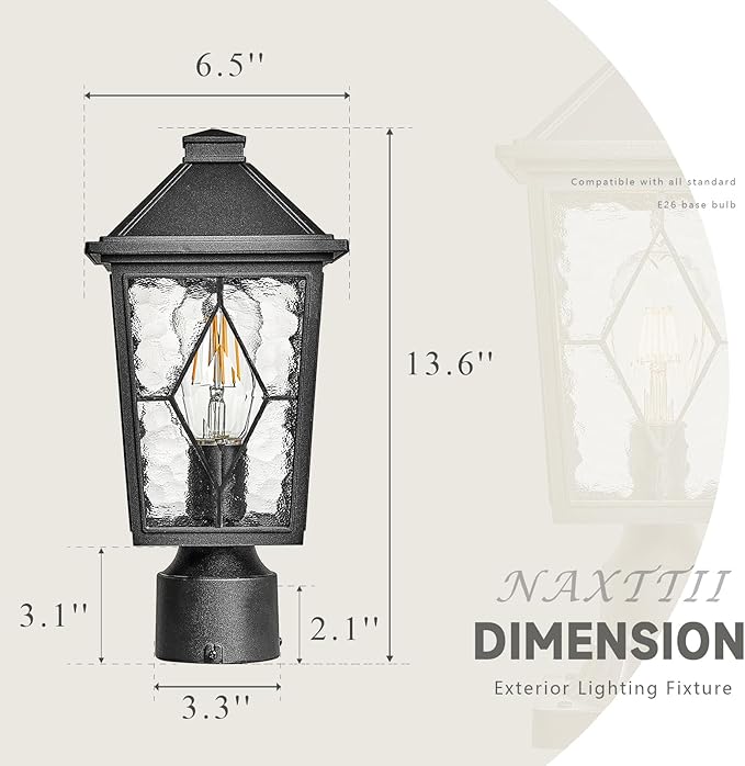 Outdoor Post Lights 13.6 Inch Modern Exterior Post Lantern Pillar Light with Water Ripple Glass Black Aluminum Pole Lights Outdoor