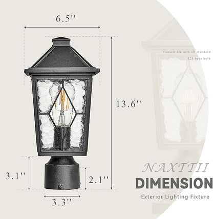 Outdoor Post Lights 13.6 Inch Modern Exterior Post Lantern Pillar Light with Water Ripple Glass Black Aluminum Pole Lights Outdoor