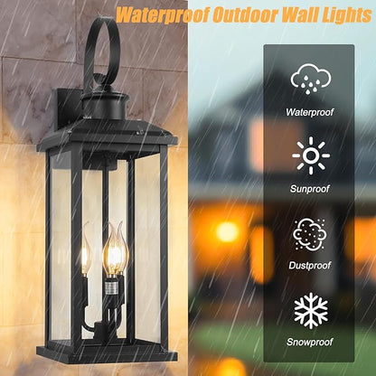 24" Extra Large Outdoor Wall Light Fixture 2-Pack, Black 3-Light Modern Porch Lantern, Waterproof Exterior Lighting Sconce Wall Mount, Outside Lamp for House Garage Patio E12 Base