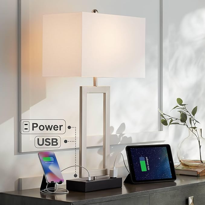 360 Lighting Todd Modern Table Lamp with Hotel Style USB and AC Power Outlet in Base 30" Tall Brushed Nickel Rectangle White Shade for Living Room Bedroom House Bedside Nightstand Home