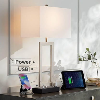 360 Lighting Todd Modern Table Lamp with Hotel Style USB and AC Power Outlet in Base 30" Tall Brushed Nickel Rectangle White Shade for Living Room Bedroom House Bedside Nightstand Home