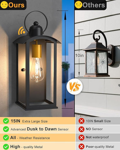 Dusk to Dawn Outdoor Wall Light Fixtures, 15inch Waterproof Patio Lanterns, Exterior Wall Mount Lantern Sconce with Glass, Black Wall Sconces for House Garage Front Door