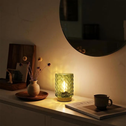 Battery Operated Lamp Cozy Bedside Ambience, Small Vintage Cordless Table Lamp for Shelf Office Desk, Glass Decorative Accent Lamp for Living Room/Entryway/Dorm Wave Design-Green