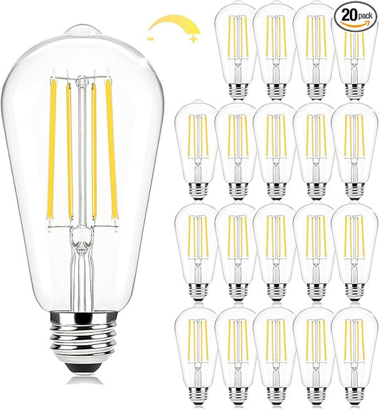 Brightever 20-Pack Edison Light Bulbs 60W Equivalent, Dimmable LED Light Bulbs, 7W, 850LM Vintage E26 LED Bulb 2700K Soft White, 90+CRI, ST58 Clear Glass Antique Decor Filament Bulb for Living Room