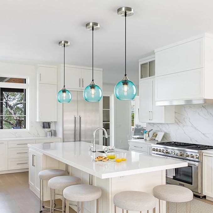 Light Blue Glass Pendant Lights Kitchen Island Globe Pendant Light Fixtures Modern Pendant Lighting for Bedroom Living Dining Room Light Fixture (5.9 in, 2 Pack)