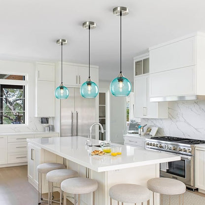 Light Blue Glass Pendant Lights Kitchen Island Globe Pendant Light Fixtures Modern Pendant Lighting for Bedroom Living Dining Room Light Fixture (5.9 in, 2 Pack)