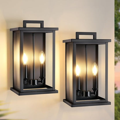 Large Outdoor Lights For House,Modern Exterior Lighting Fixtures,Black Outdoor Wall Lantern Sconce,2-Light Front Porch Garage Hallway Wall Mount Light With Thick Glass Shades Waterproof 2 Pack