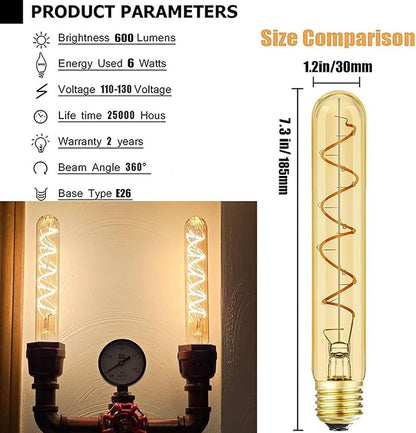 T10 Vintage LED Edison Light Bulbs 60 Watt, 4-Pack Dimmable T30 6W2200K Amber Warm Light Bulbs, E26 Base, 6W LED Equal 60 Watt Incandescent Bulbs,Decorative Antique Spiral Long Bulb,7.3inch
