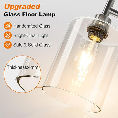 【Upgraded】Dimmable Floor Lamp for Living Room with Glass Lampshade, Brushed Nickel Modern Floor Lamp with 900LM LED Bulb Included, Bright Standing Tall Lamp for Bedroom, Office, Reading Room, Corner