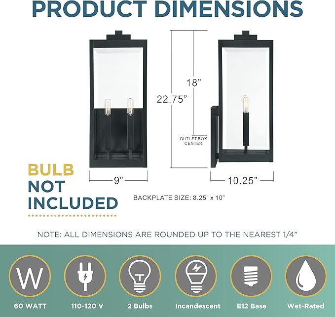 Quoizel Westover Modern Wall Sconce, 22.75 Inch Earth Black 2-Light Outdoor Light Fixture, Clear Beveled Glass Wall Lantern, 60 W, Industrial Design Wall Light for Porch, Patio, Gazebo or Yard