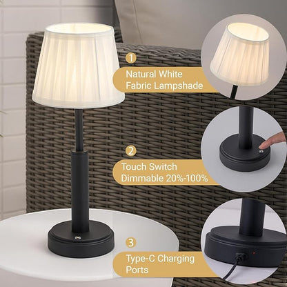H16 Inch Modern Classic Black Fabric Shade Rechargeable LED Table Lamp Touch Control Cordless USB Nightstand Lamp with Stepless Dimming for Bedroom Gift for Christmas