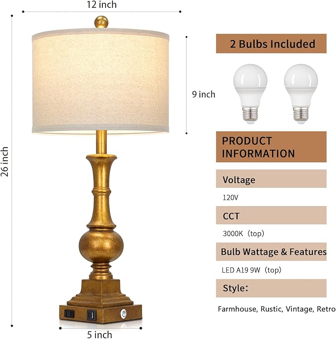 Farmhouse Table Lamps for Living Room, 26" Vintage Table Lamp Set of 2 with USB A+C Charging Ports & AC Outlets, Touch Control 3-Way Dimmable Rustic Bedside Nightstand Lamps for Bedroom Gold Brass
