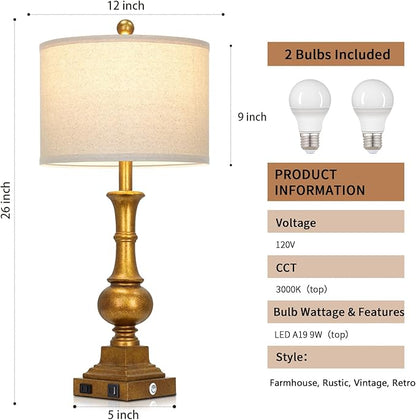 Farmhouse Table Lamps for Living Room, 26" Vintage Table Lamp Set of 2 with USB A+C Charging Ports & AC Outlets, Touch Control 3-Way Dimmable Rustic Bedside Nightstand Lamps for Bedroom Gold Brass