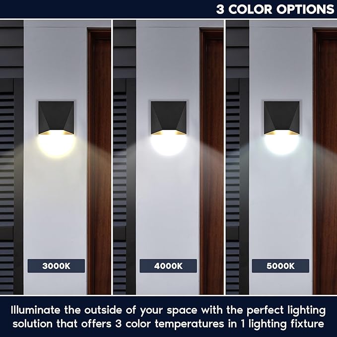 LUXRITE Outdoor LED Black and Gold Wall Sconce, 12W Modern Exterior Wall Light, 3CCT 3000K 4000K 5000K, 8 Inch, Aluminum, IP65 Waterproof, ETL Listed, Porch Lights for Entryway, Patio, Garage, House