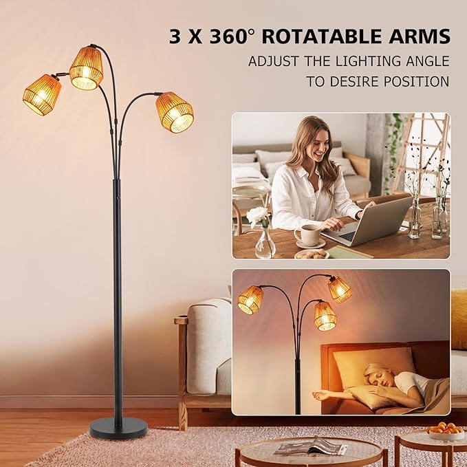 9MMML Vintage Black Arc Floor Lamp with Rotatable Arms & Rattan Lampshade, 3-Light Mode Rotary Switch Adjustable, 72.5'' Tall Standing Lamp for Living Room, Bedroom, E26 Base