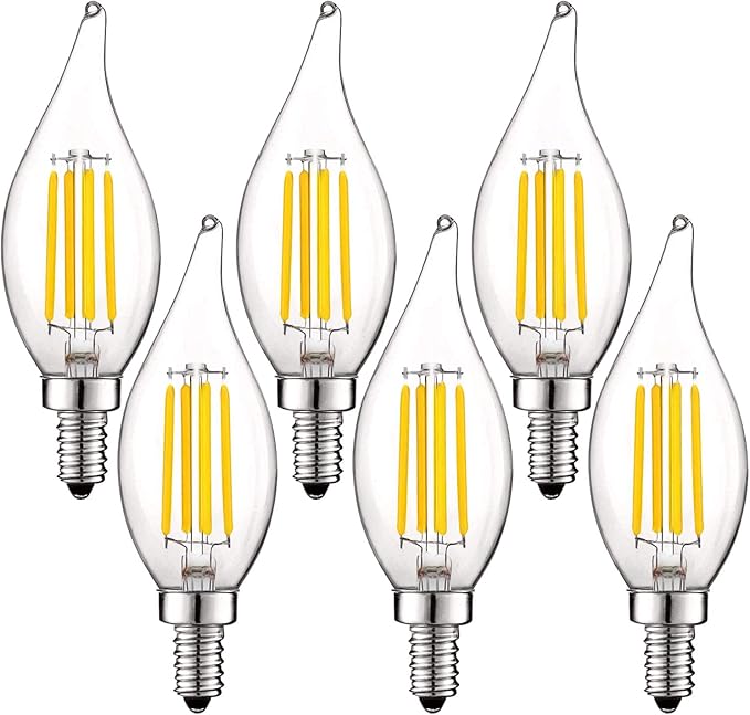 LUXRITE Vintage Candelabra LED Bulb 60W Equivalent, 550 Lumens, 3000K Soft White, LED Chandelier Light Bulbs 5W, Dimmable, Flame Tip Clear Glass, Filament Candle Bulbs, E12 Base (6 Pack)