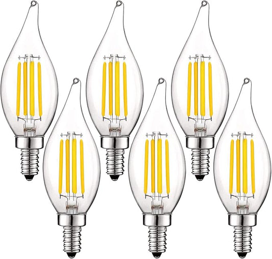 LUXRITE Vintage Candelabra LED Bulb 60W Equivalent, 550 Lumens, 3000K Soft White, LED Chandelier Light Bulbs 5W, Dimmable, Flame Tip Clear Glass, Filament Candle Bulbs, E12 Base (6 Pack)