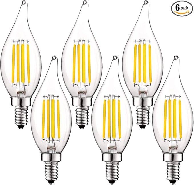 LUXRITE Vintage Candelabra LED Bulb 60W Equivalent, 550 Lumens, 3500K Natural White, LED Chandelier Light Bulbs 5W, Dimmable, Flame Tip Clear Glass,