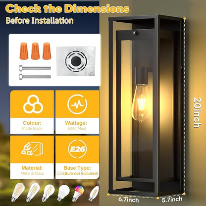 20in Outdoor Wall Light Dusk to Dawn-Black Modern Sconce Waterproof Exterior Lighting Fixture E26 Socket Porch Lights Extra Large Lantern for Entryway Patio House Garage (2Pack)