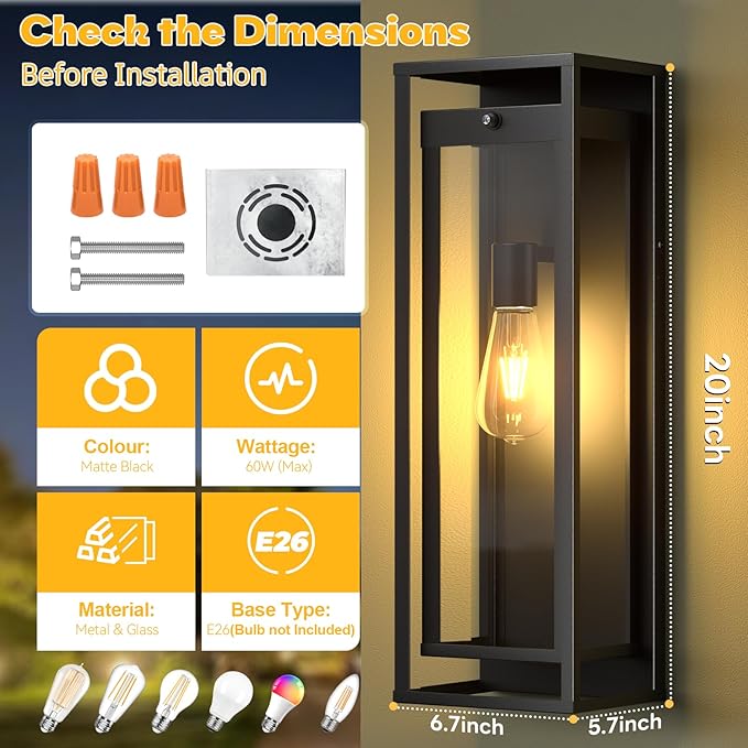 Extra Large Dusk to Dawn Outdoor Lighting-20in Modern Waterproof Sconce Wall Mounted E26 Black Porch Lights Exterior Lighting Fixture for Coach Doorway Patio