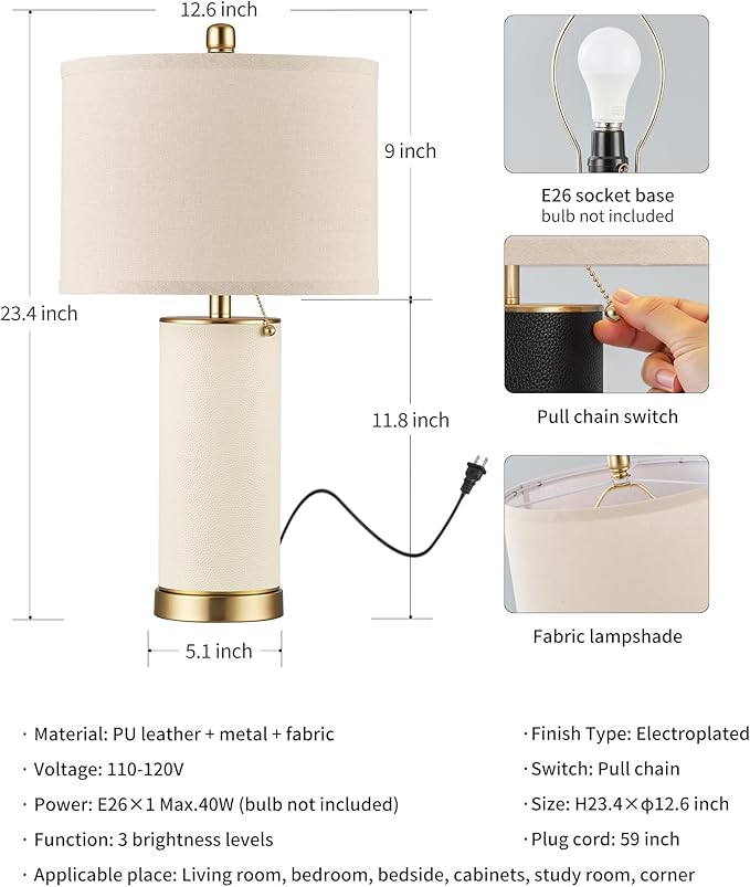 KDG 23.4" White PU Leather Table Lamps for Living Room Set of 2, 3 Level Brightness LED Modern Home Decor Fabric Lampshade Desk Lamp Lighitng for Bedroom, Bedside, Farmhouse, Nightstand, Night Light