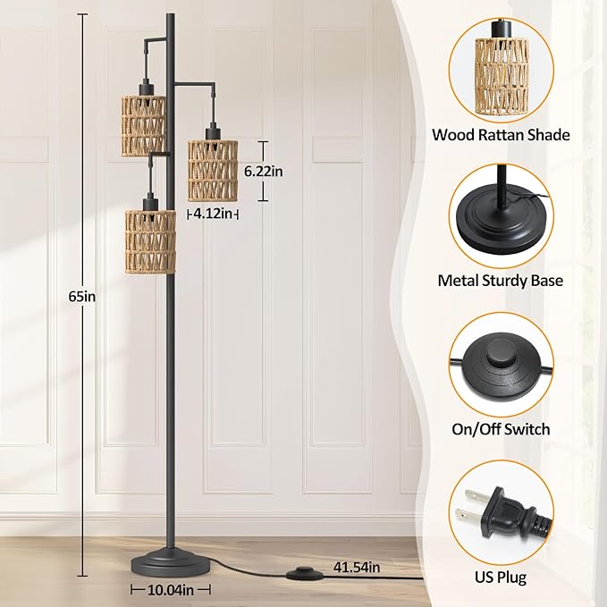3 Lights Rattan Floor Lamps with ON/Off Foot Switch Tree Standing Lamp with Wood Rattan Lampshades Boho Floor Lamp Tall Pole Lamp for Living Room Bedroom Office, 3 PCS 6W Bulbs Included