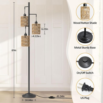 3 Lights Rattan Floor Lamps with ON/Off Foot Switch Tree Standing Lamp with Wood Rattan Lampshades Boho Floor Lamp Tall Pole Lamp for Living Room Bedroom Office, 3 PCS 6W Bulbs Included