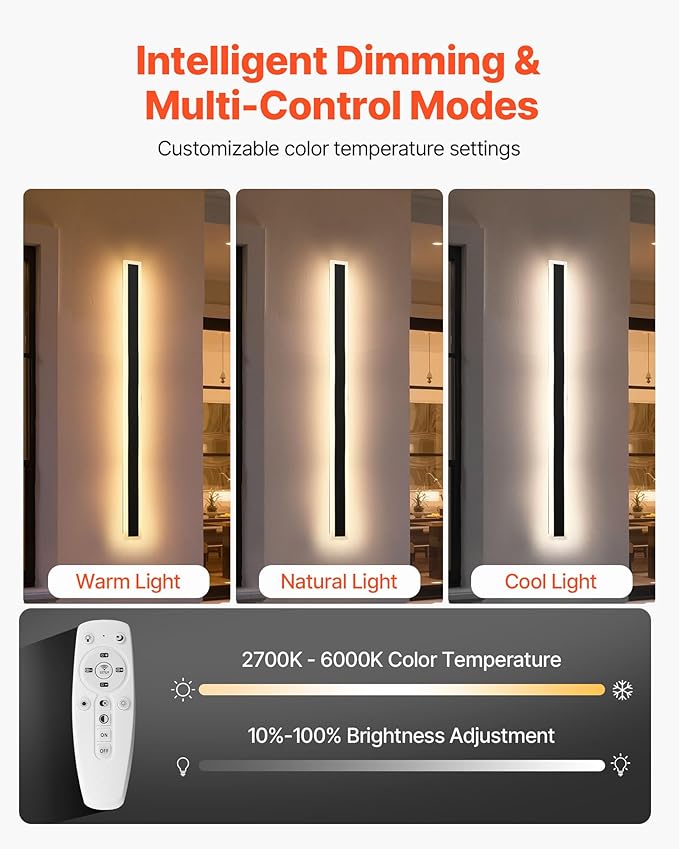 VEVOR Outdoor Wall Lights, 2 Pack, 39.4 Inch Long Strip Modern Exterior Wall Sconce Light Fixtures, 2700K-6000K, IP65 Waterproof Anti-Rust, Dimmable Outside Wall Mount Lighting, for House Porch Garage