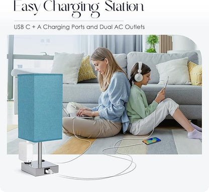 Bedside Lamp with USB Ports - Touch Control Table Lamp for Bedroom with USB C+A Charging Ports & AC Outlets, 3 Way Dimmable Nightstand Light with Flaxen Shade for Living Room (LED Bulb Included, Blue)