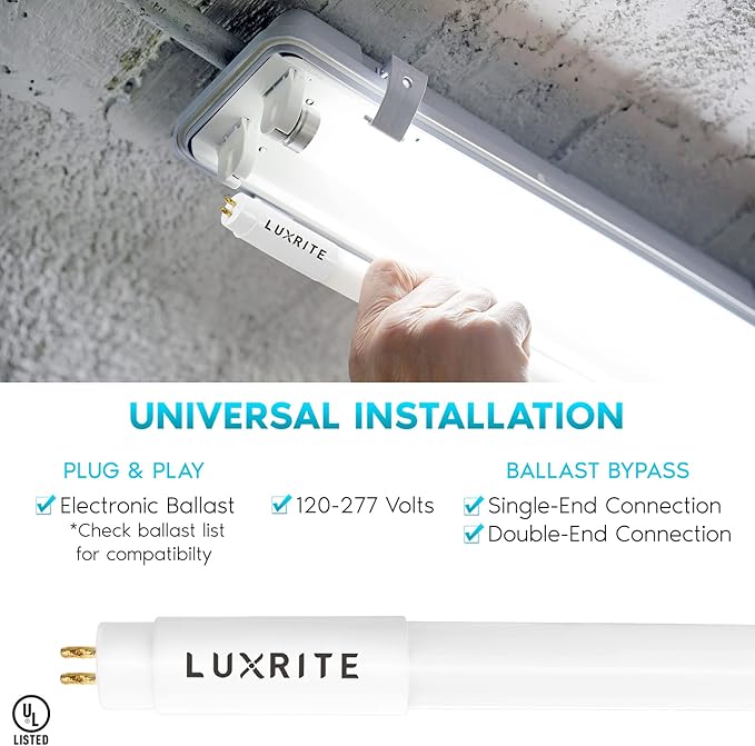 LUXRITE 30-Pack 4FT T5 LED Tube Lights, Type A+B, 24W=54W, 4000K Cool White, 45.78", Ballast and Ballast Bypass Compatible, Single or Double End Powered, F54T5 Fluorescent Replacement, Damp Rated