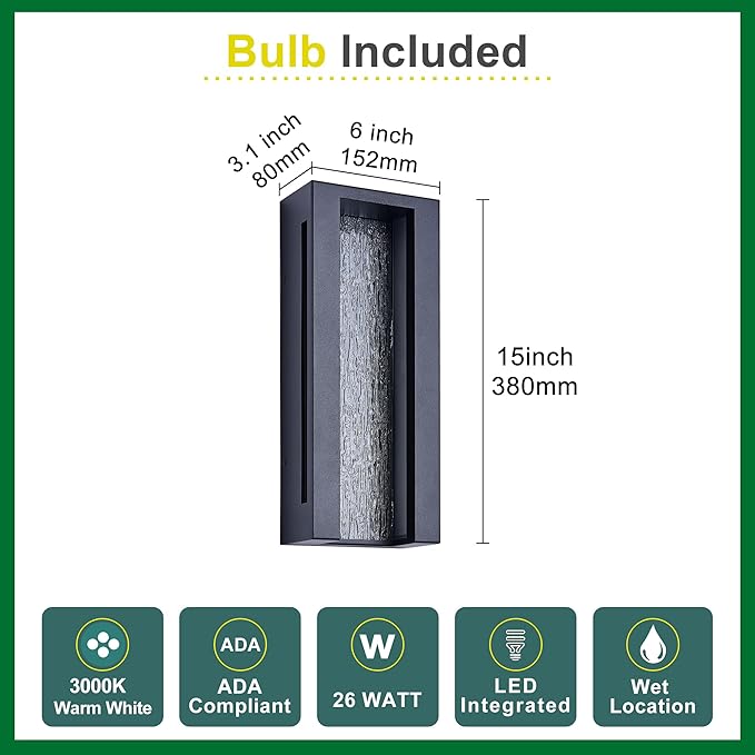 Modern Outdoor Wall Lights, IP65 Waterproof & Anti-Rust, 1800 Lumens Dimmable LED Porch Lights, Textured Black Metal with Art Glass, Warm White, Wall Mount for Patio, Entryway, Balcony
