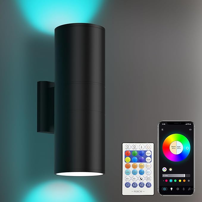 Smart Outdoor Up Down Wall Light, Bluetooth App & Remote Controlled Color Changing Porch Sconce, RGBCW LED 2700K-6500K Tunable White, Dimmable Waterproof Exterior Wall Light for House
