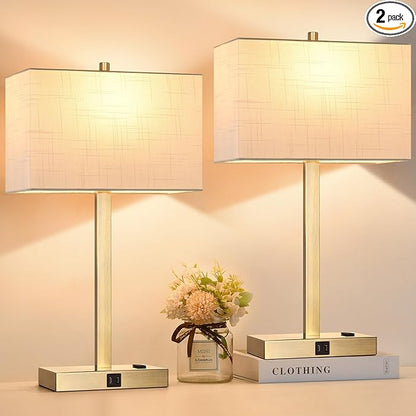 21" Touch Bedside lamps with 2 USB & AC Outlets, 3-Way Dimmable Bedside Table Lamps Set of 2 for Bedroom Living Room Office Reading, White Shade Lamps for Night Stands, 2700K LED Bulbs Included