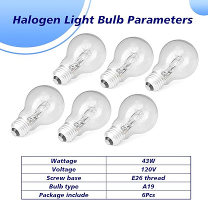 6Pcs 043168787963 Halogen Light Bulb for A19 Bulb Types 43 Watt 120V Replace 78796 E26 Thread Suitable for Table Lamps
