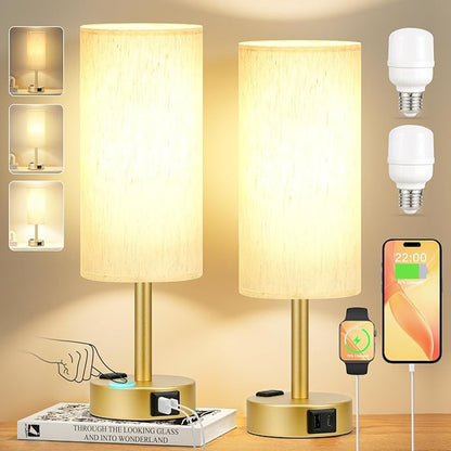 Gold Touch Table Lamps Set - 3 Way Dimmable Bedroom Lamps with USB C and A Ports, Small Lamps for Nightstand with AC Outlet, Gold Base Round Flaxen Shade for Desk, Office, Dorm, Nursery
