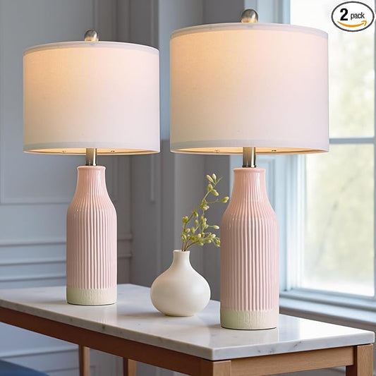 23.75inch Pink Modern Ceramic Bedside Lamp Set of 2 for Bedroom Decor Farmhouse Table Lamp for Living Room Office Dorm