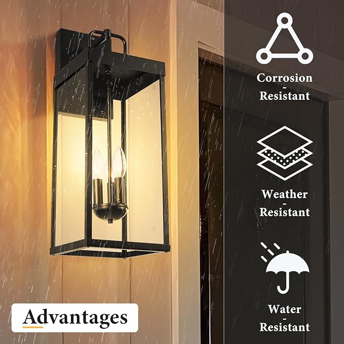 Dusk to Dawn Outdoor Wall Sconce Light, 24 Inch Tall Transitional Exterior Wall Lighting with Clear Glass, Anti-Rust Powder Coat Black Modern Outside Wall Lantern for Front Porch, DDRZ008L BK