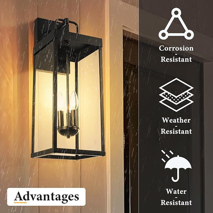 Dusk to Dawn Outdoor Wall Sconce Light, 24 Inch Tall Transitional Exterior Wall Lighting with Clear Glass, Anti-Rust Powder Coat Black Modern Outside Wall Lantern for Front Porch, DDRZ008L BK