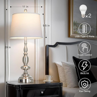 29" Tall Modern Silver Table Lamps Set of 2, 3-Way Dimmable Touch Living Room Lamp with USB A+C Charging Port, Brushed Nickel Metal Farmhouse Bedside lamp for Bedroom Nightstand Side Table Desk Office