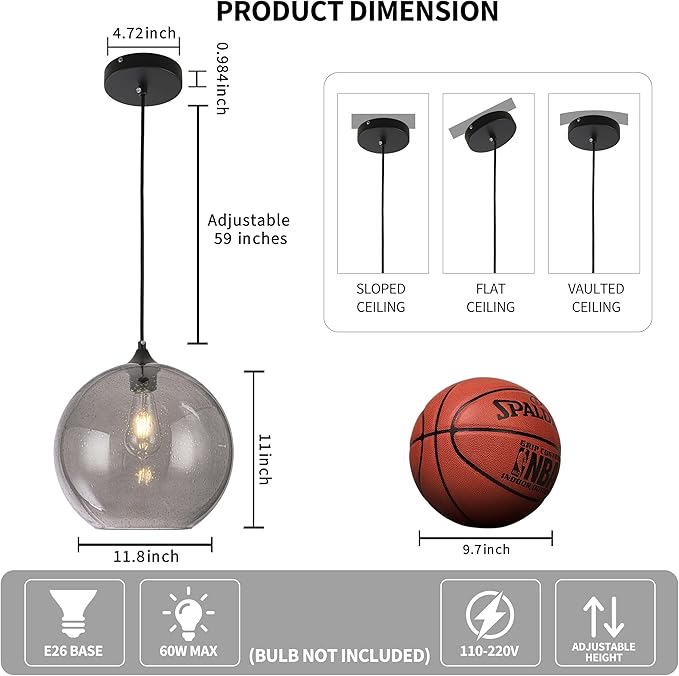 Blue Glass Pendant Lights Kitchen Island Lighting Modern Globe Pendant Light Fixtures Modern Pendant Lights for Kitchen Island Bedroom Living Dining Room Light Fixture-11.8inch