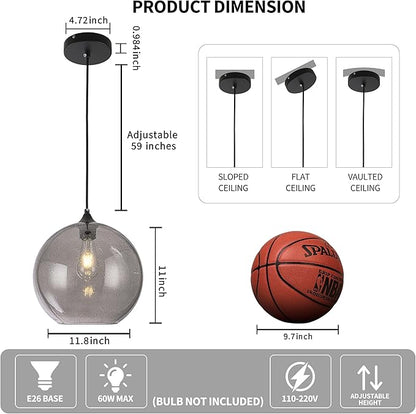 Grey Glass Pendant Lights Kitchen Island Lighting Modern Globe Pendant Light Fixtures Modern Pendant Lights for Kitchen Island Bedroom Living Dining Room Light Fixture-11.8inch 2Pack